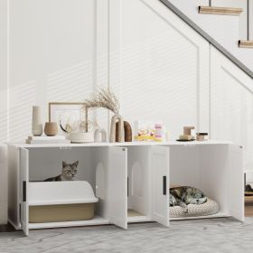 Cat Litter Box Enclosure With Double Room, Scratching Mat For 2 Cats, 57 X 19 X 20, White (Option: White)
